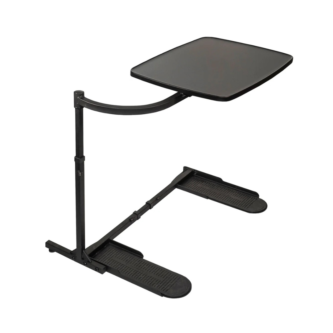 The Stander Wonder Tray - Swivel Living Room Tray Table is a black adjustable table with a flat rectangular top, single upright leg, and base that fits under furniture—ideal as an adjustable tray or TV tray for easy access.